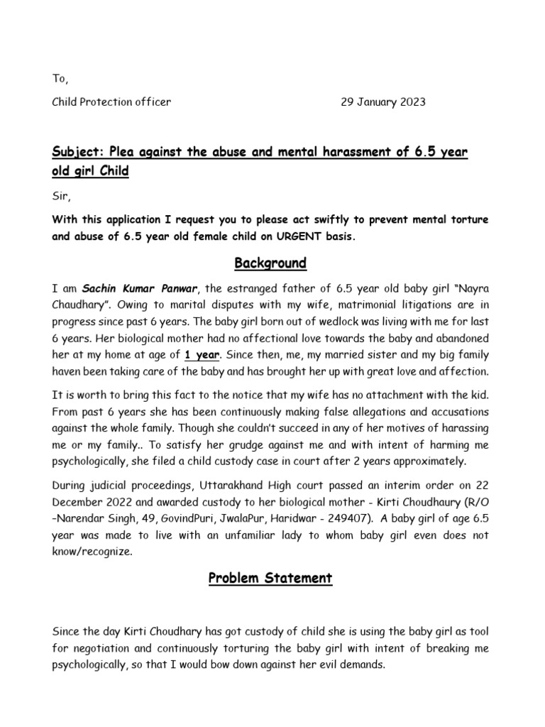 Urgent Plea to Protect 6.5-Year-Old Girl | PDF | Lawsuit | Child Custody