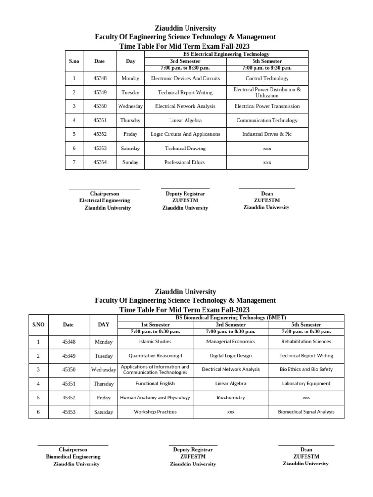 Ziauddin University Midterm Exam Schedule | PDF | Engineering ...