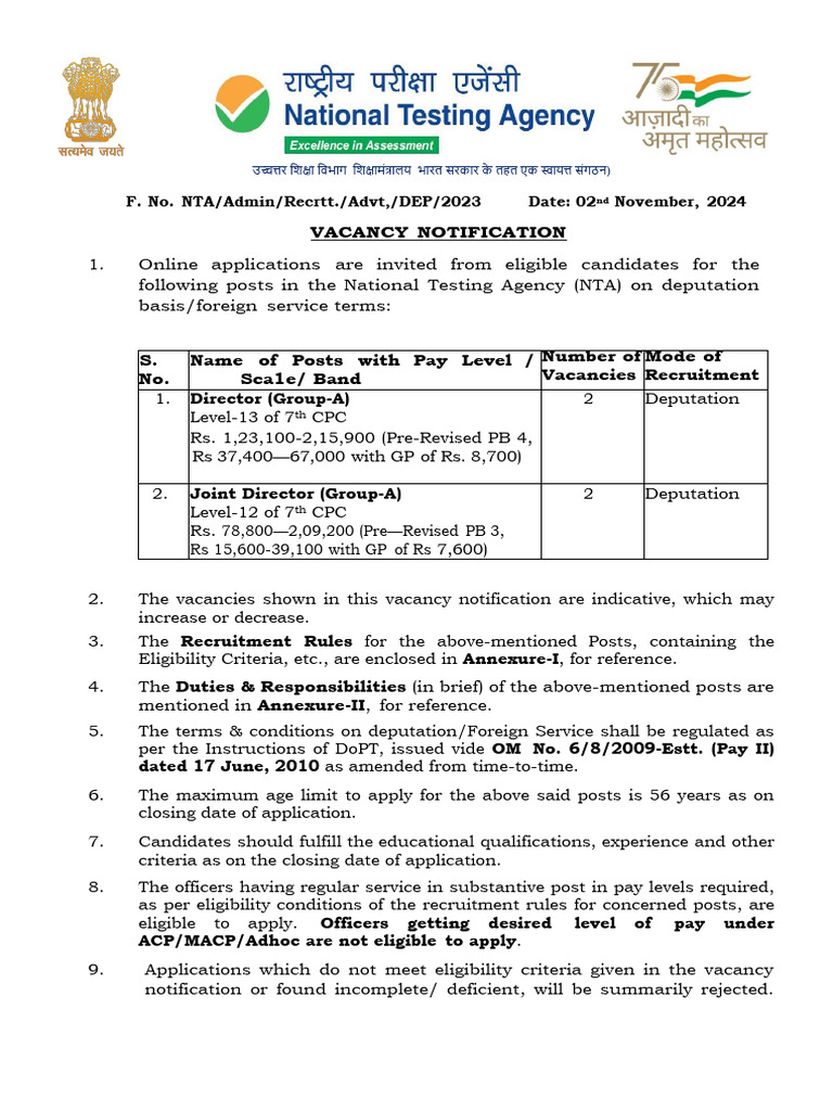 NTA Vacancy Notification for 2024 | PDF