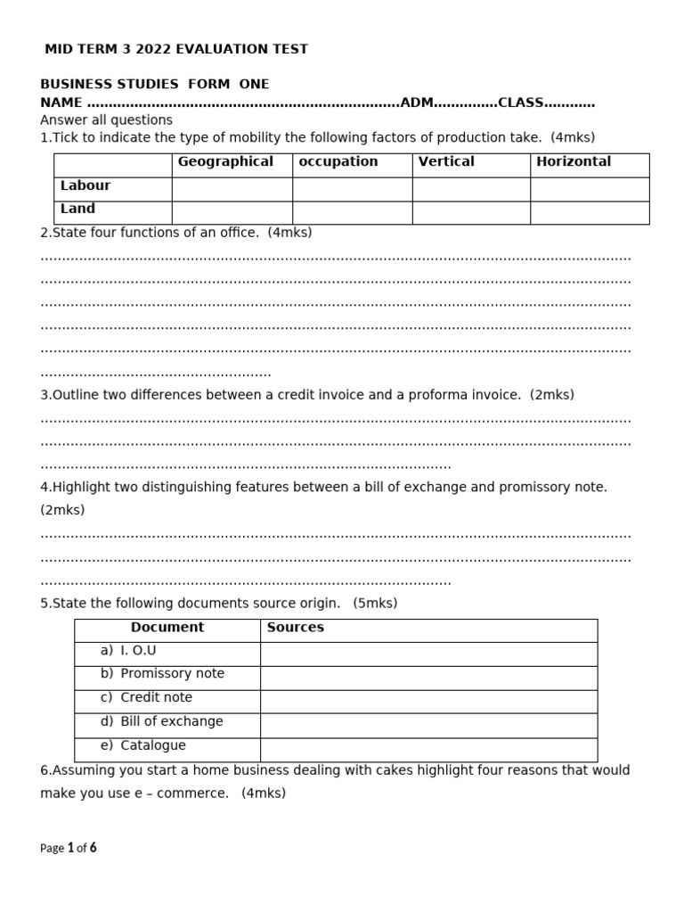 Mid term 3 2022 evaluation test business studies form one name adm