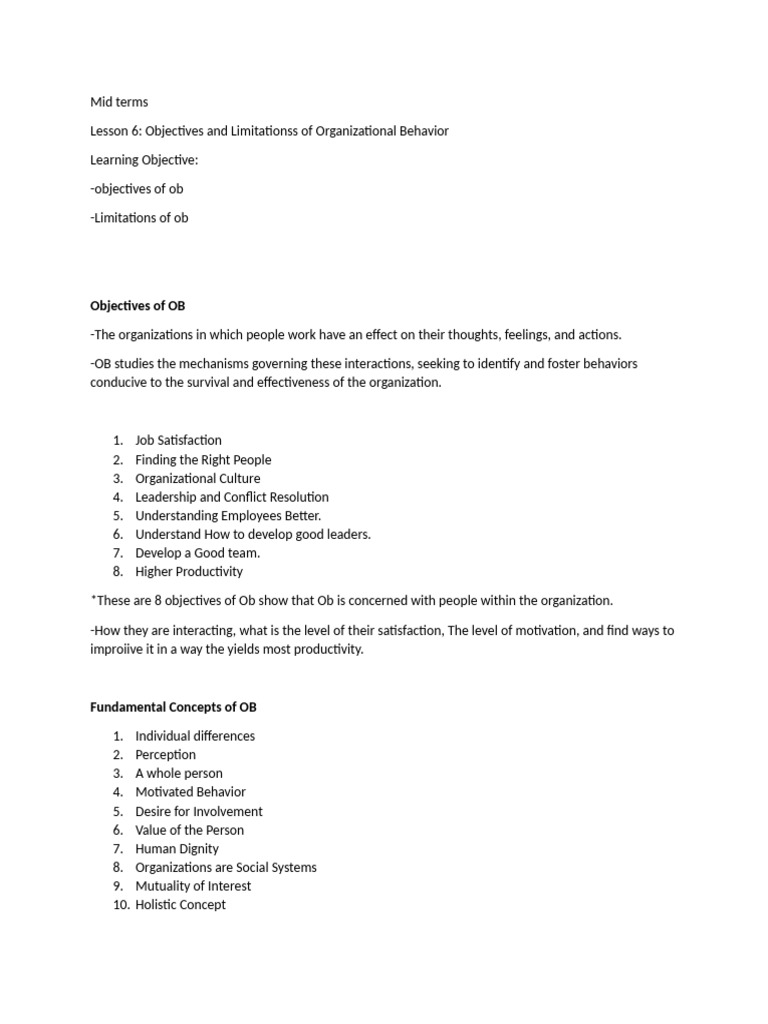 Lesson 6 Objectives and Limitationss of Organizational Behavior | PDF ...