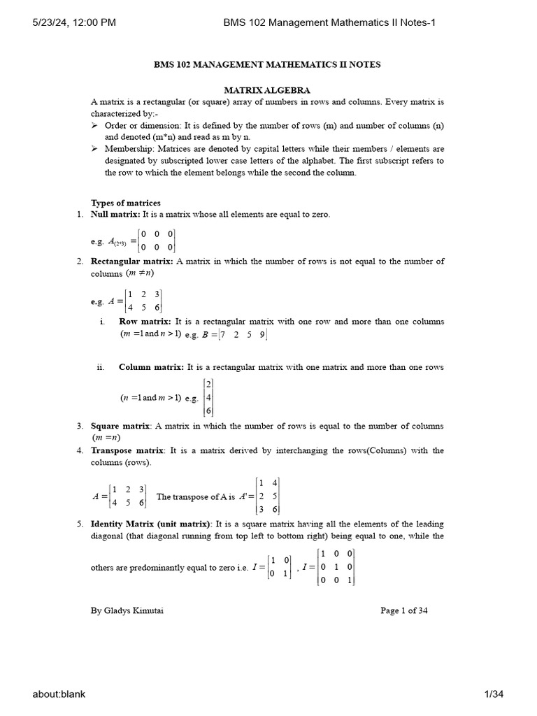 BMS 102 Management Mathematics II Notes | PDF | Matrix (Mathematics ...