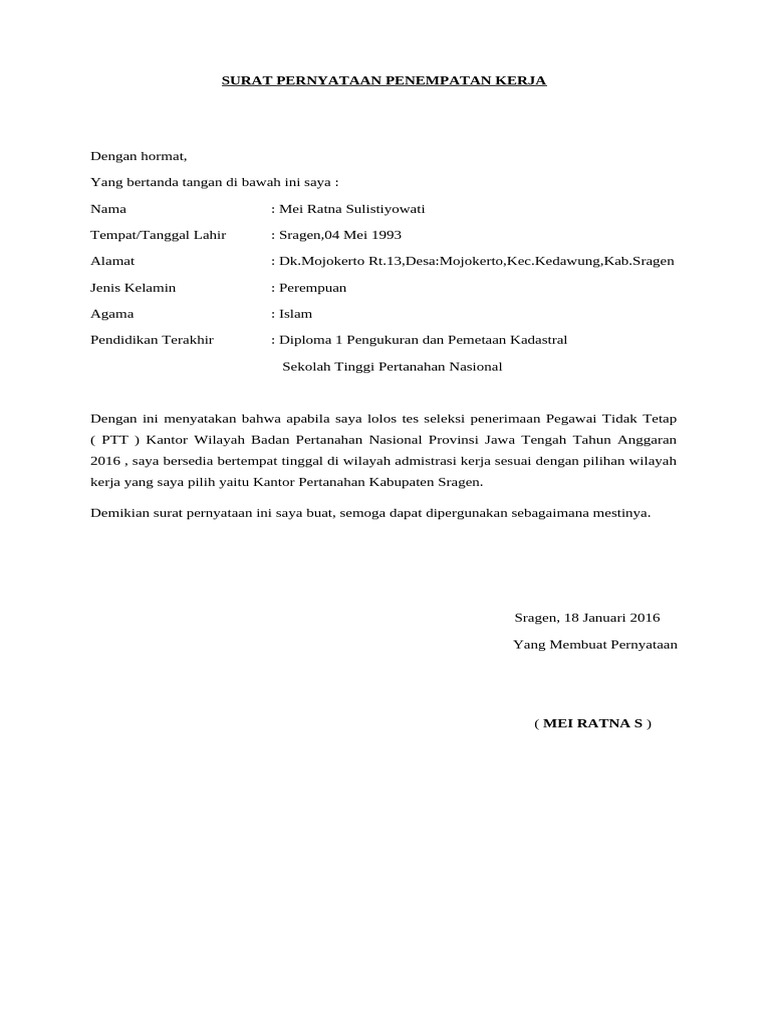 Surat Pernyataan Penempatan Kerja | PDF