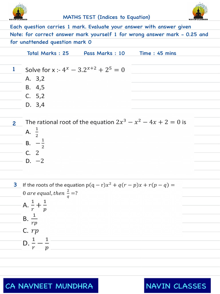 Maths Test 1 (Indices To Equations) | PDF