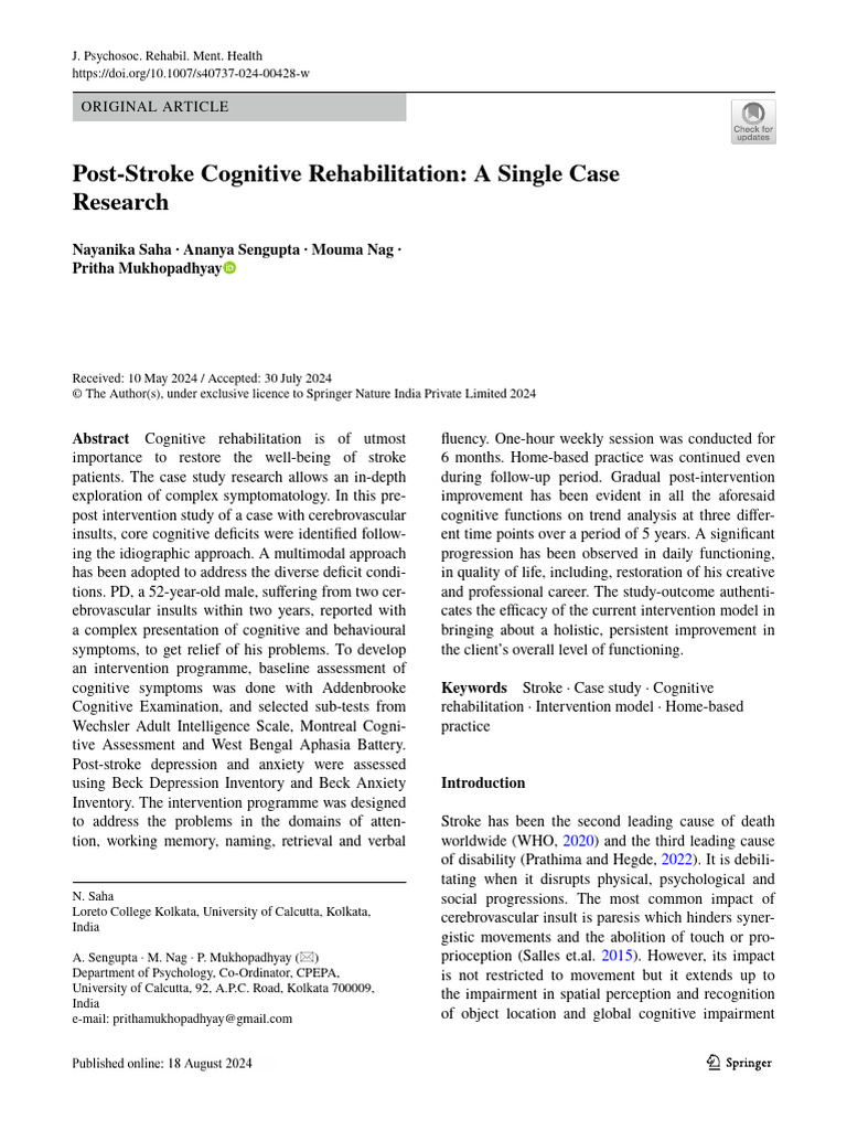 Post-Stroke Cognitive Rehab Case Study | PDF | Stroke | Parietal Lobe