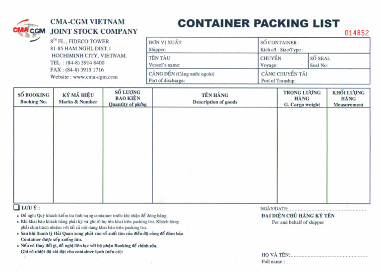 Seadragon Logistics - Container Packing List - Cma | PDF