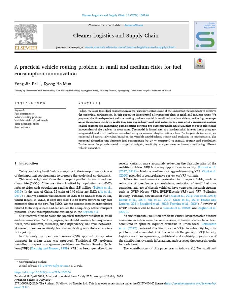 A Practical Vehicle Routing Problem in Small and Med - 2024 - Cleaner ...