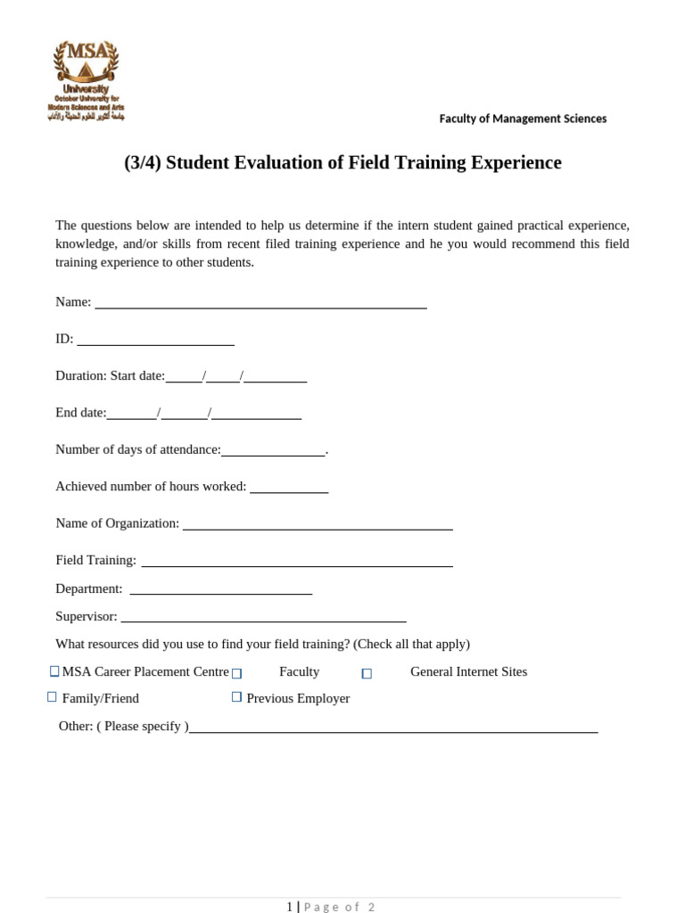 Field Training Experience Evaluation Form Pdf Experience Social