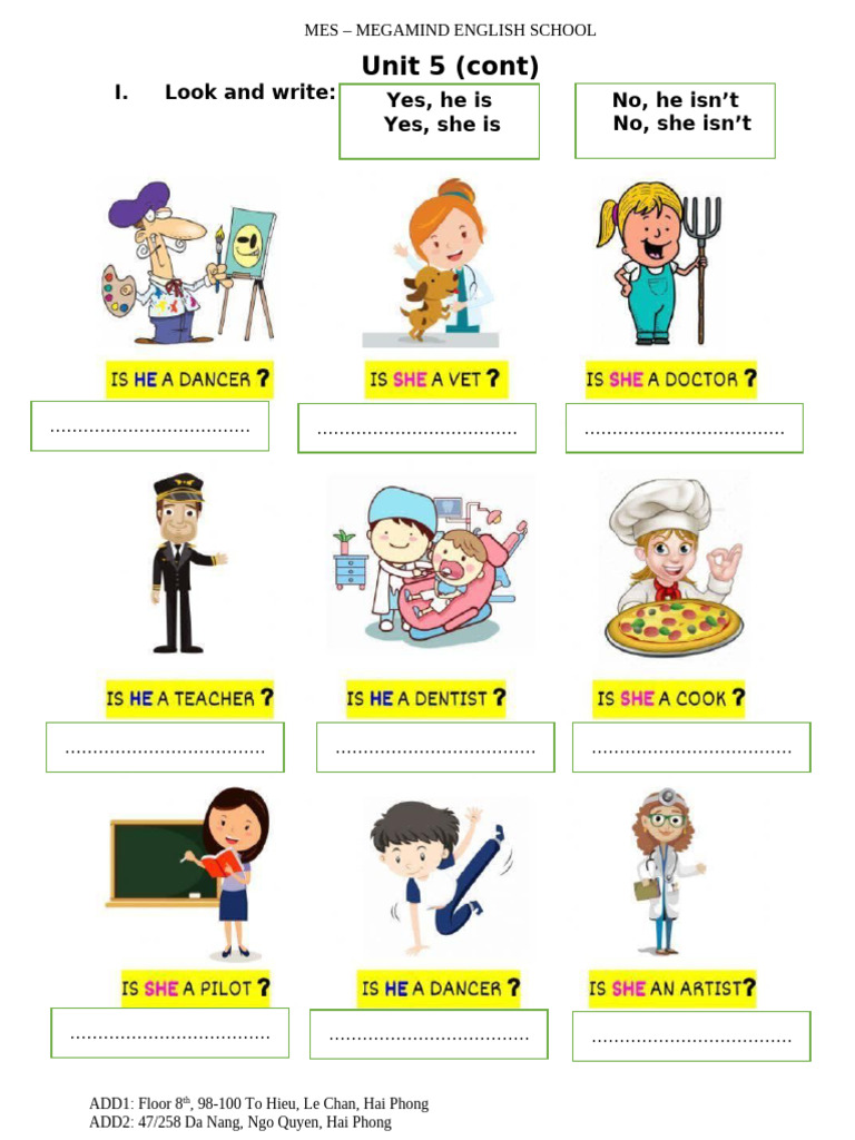 Unit 5 (Cont) : I. Look and Write: Yes, He Is Yes, She Is No, He Isn't ...