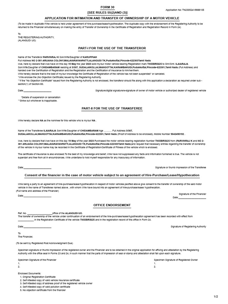 RTO Form 30: Vehicle Ownership Transfer | PDF | Private Law
