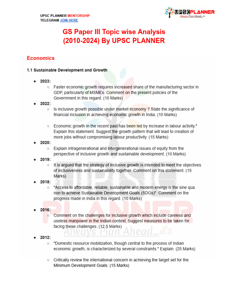 GS Paper III Topic Wise Analysis (2010-2024) by UPSC PLANNER | PDF ...