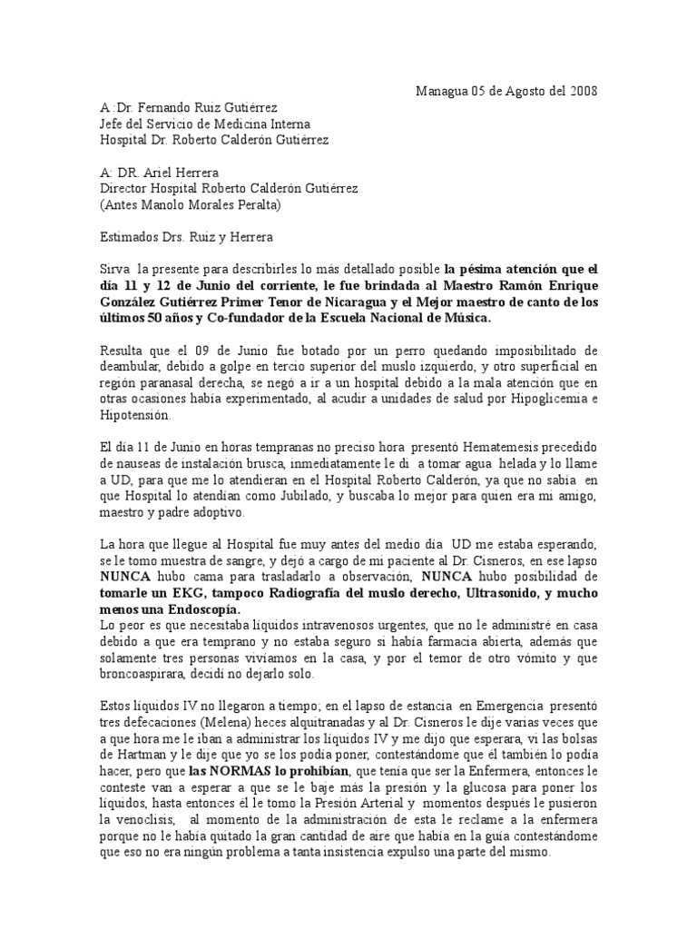 Managua 05 de Agosto Del 2008-Carta de Reclamo a Hospital 