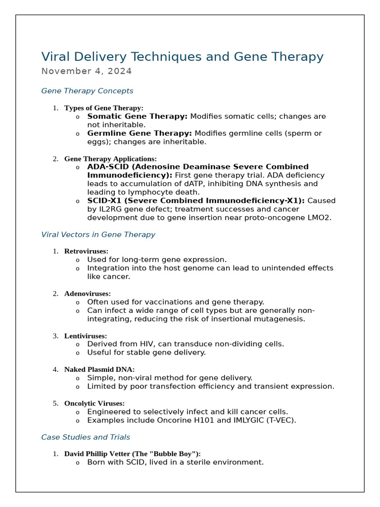 Viral Delivery Techniques and Gene Therapy | PDF | Viral Vector | Gene ...