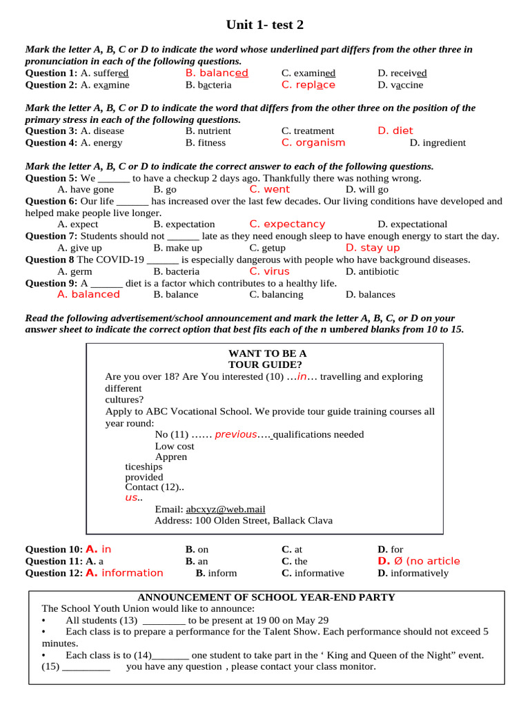 Unit 1 - Test 2 - Form 2025 (3) 11 BT Key | PDF | Major Depressive ...