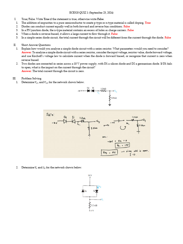 ECE320 Quiz 1: Diodes and Circuits | PDF
