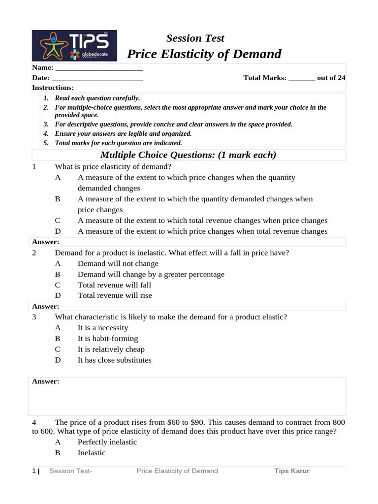 Chapter 11 - Price Elasticity of Demand-Class Test | PDF | Demand ...