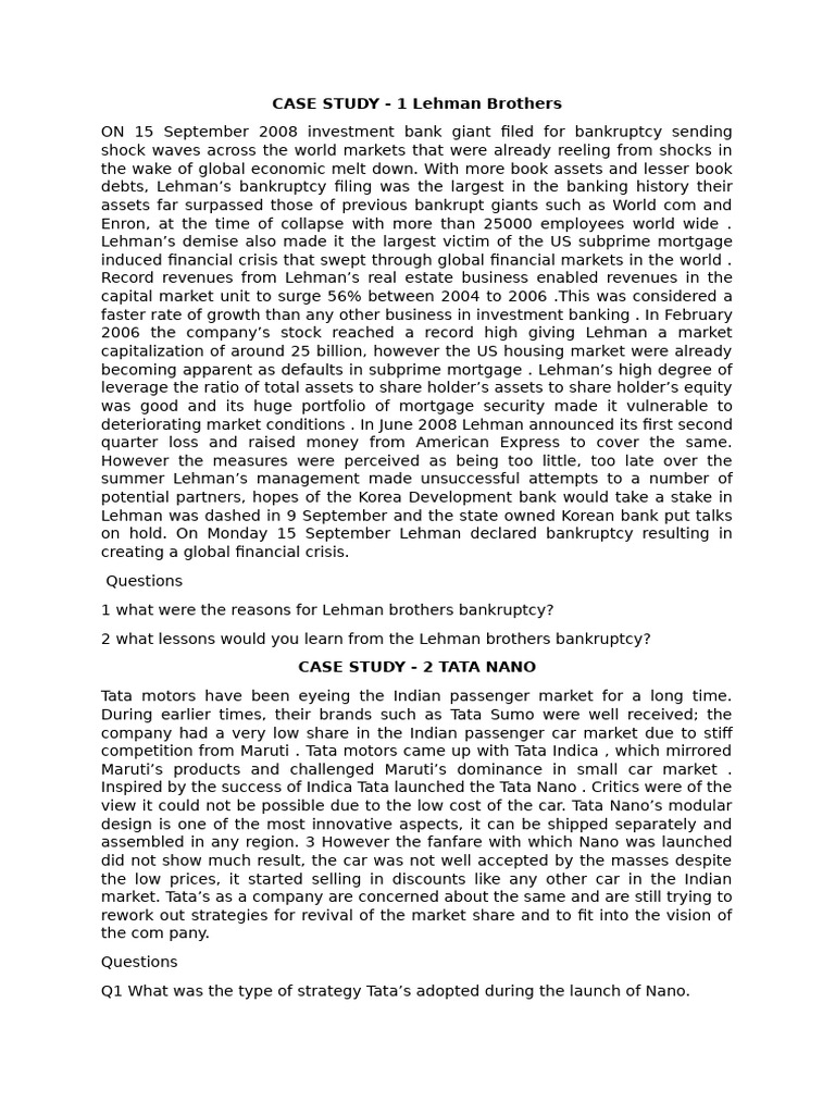 Strategic Management Case Study Pdf Lehman Brothers Financial