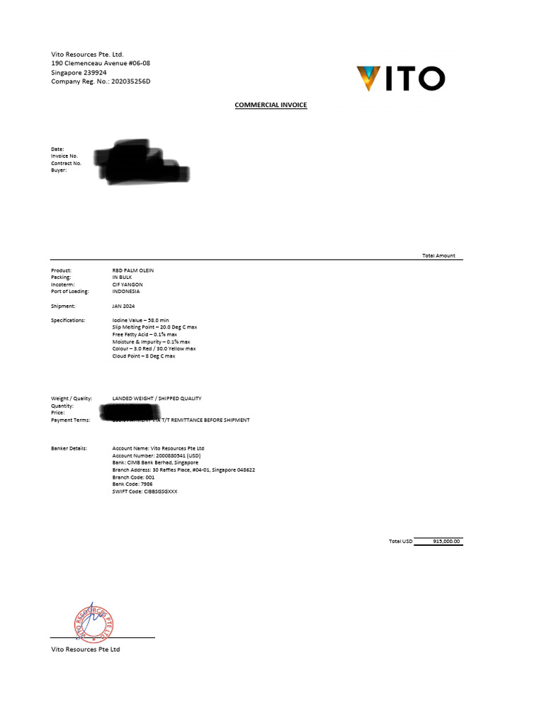 Commercial Invoice for RBD Palm Olein | PDF