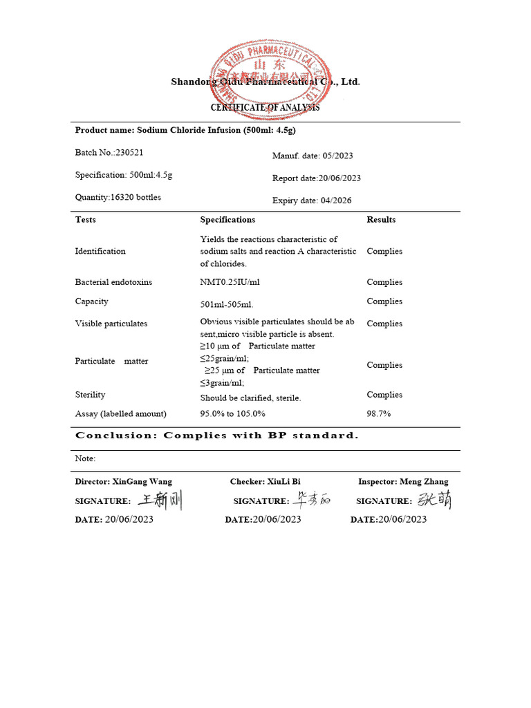 Sodium Chloride Infusion Analysis Report | PDF | Particulates | Chemistry