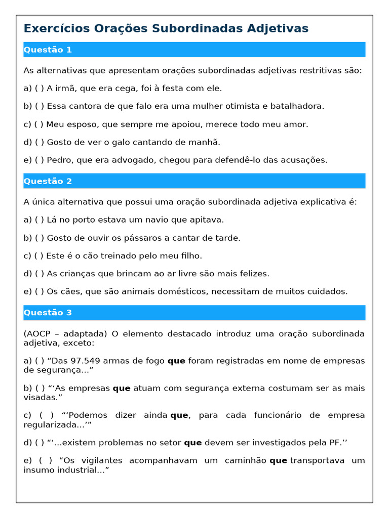 Exercícios Orações Subordinadas Adjetivas | PDF | Oração