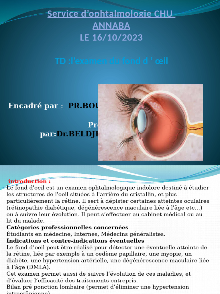 Examen du Fond d'Œil en Ophtalmologie PDF Médecine clinique Sens — free download