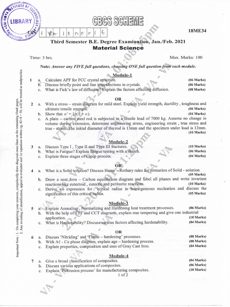 Material Science 18ME34 Jan-Feb 2021 | PDF