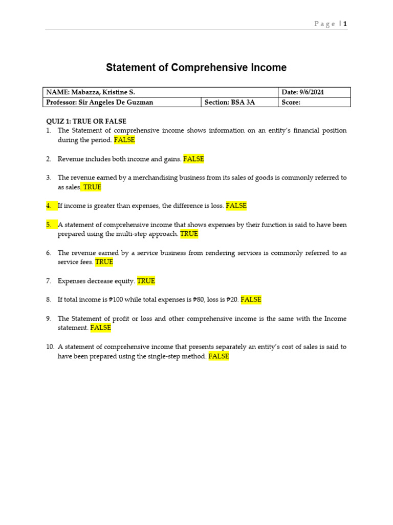 Statement of Comprehensive Income-Mabazza | PDF | Income | Income Statement