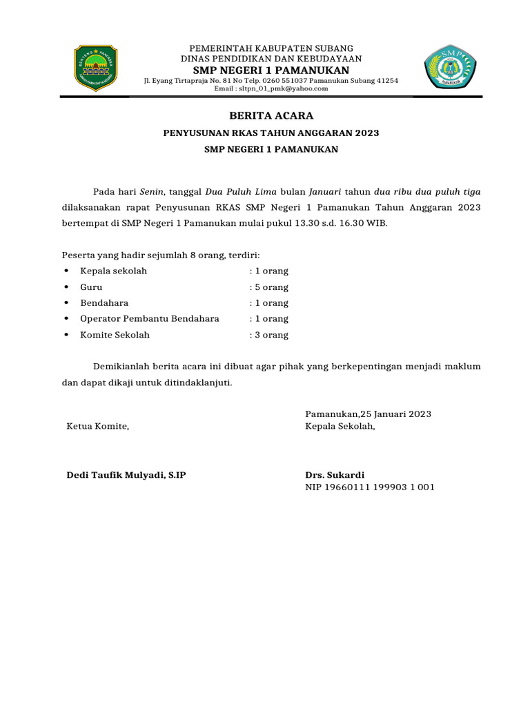 Berita Acara Penyusunan RKAS 2023 | PDF