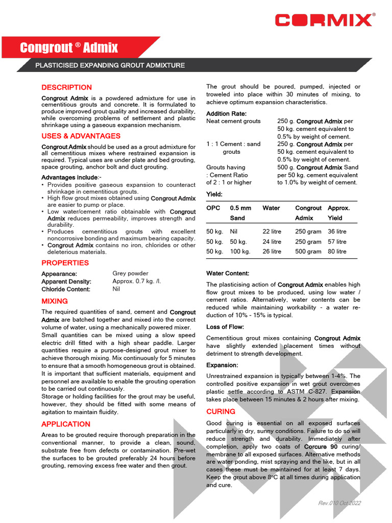TDS-EN-Congrout Admix_rev 010-Oct 22 | PDF | Concrete | Cement