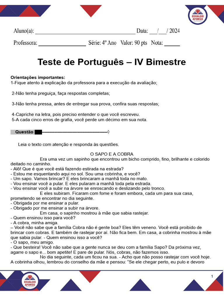 Teste 4° Ano Port 4°b | PDF