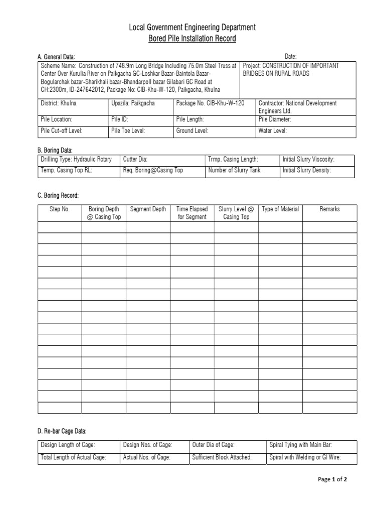 Bored Pile Installation Record for Bridge | PDF | Deep Foundation ...