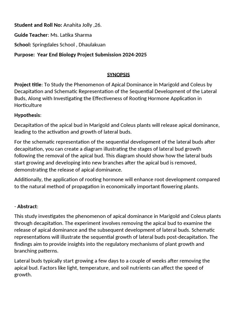 Anahita Jolly class 12B- Biology project synopsis | PDF | Auxin | Root