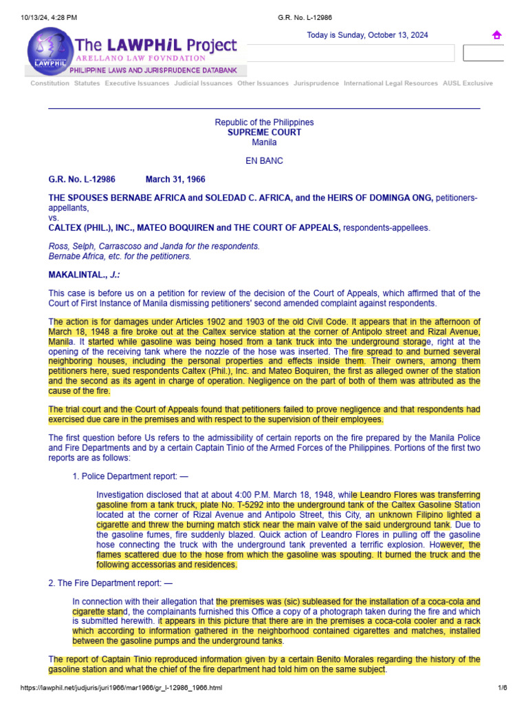 Caltex Fire Negligence Case Review | PDF | Negligence | Hearsay