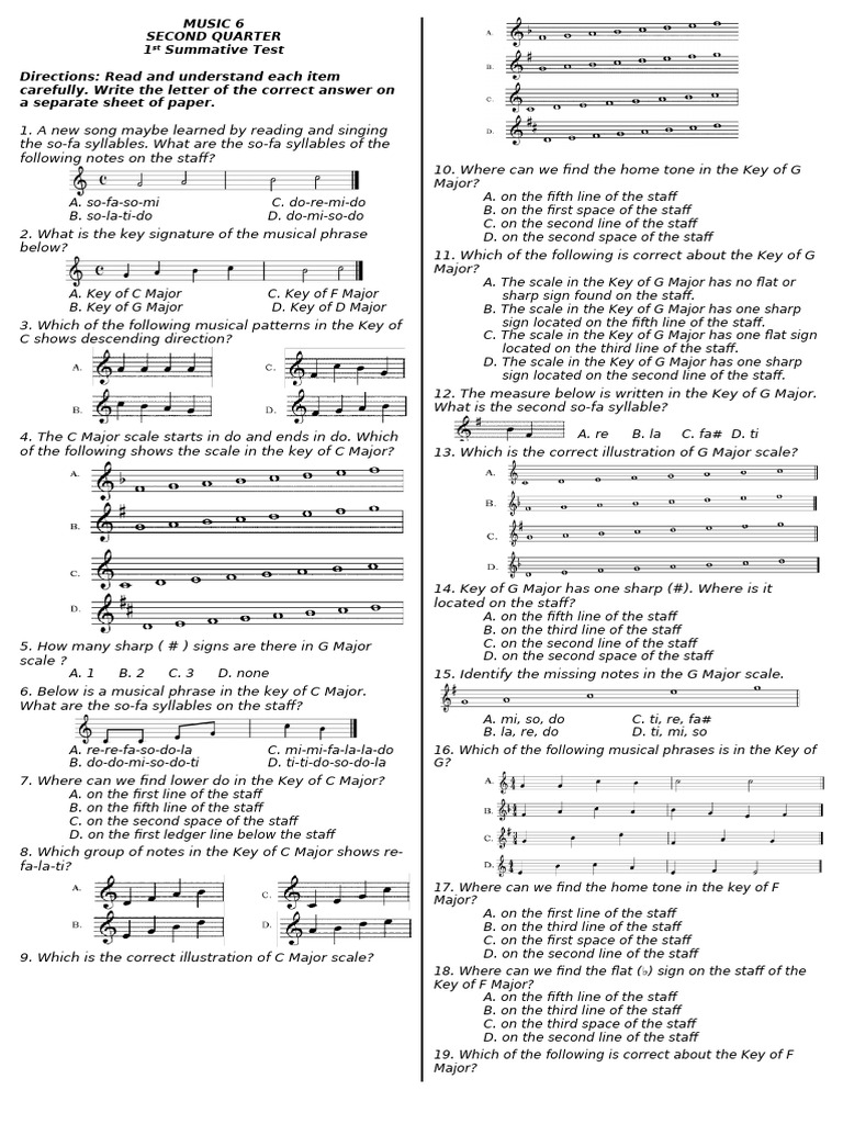 MUSIC 6 Quarter 2 1st Summative Test | PDF | Scale (Music) | Musical ...