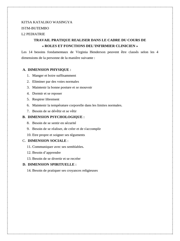 Les 14 besoins fondamentaux de Henderson | PDF