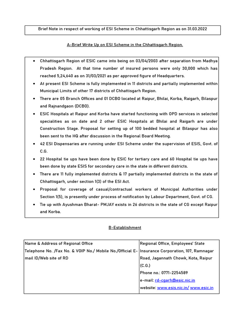 Brief Note in Respect of Working of ESI Scheme in Chhattisgarh Region ...