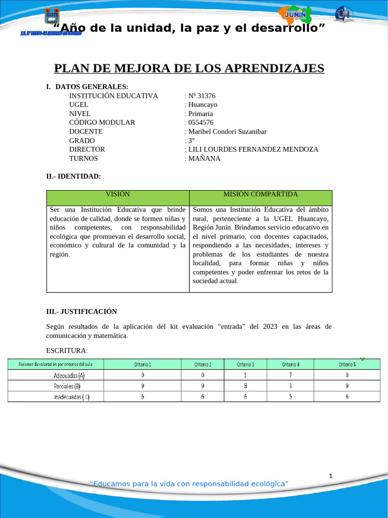 PLAN DE MEJORA TERCER GRADO 2023 | PDF | Aprendizaje | Evaluación