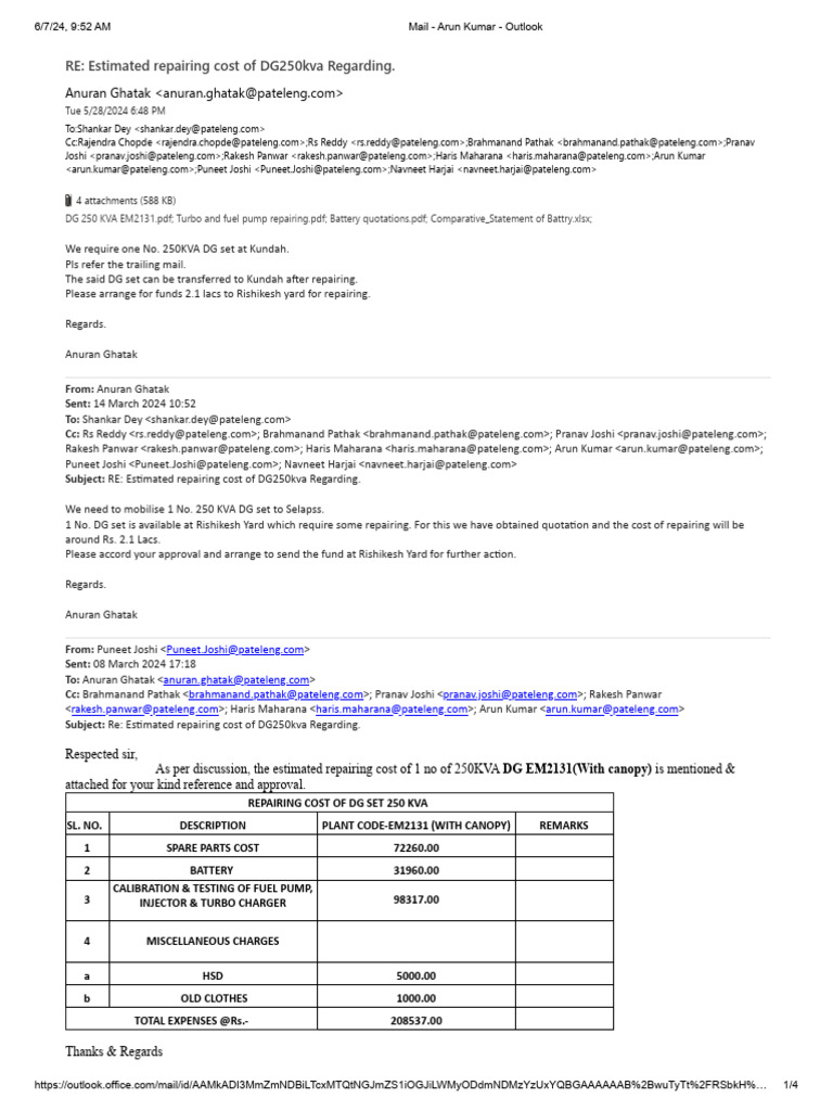 Approval For Repairing of DG Set | PDF