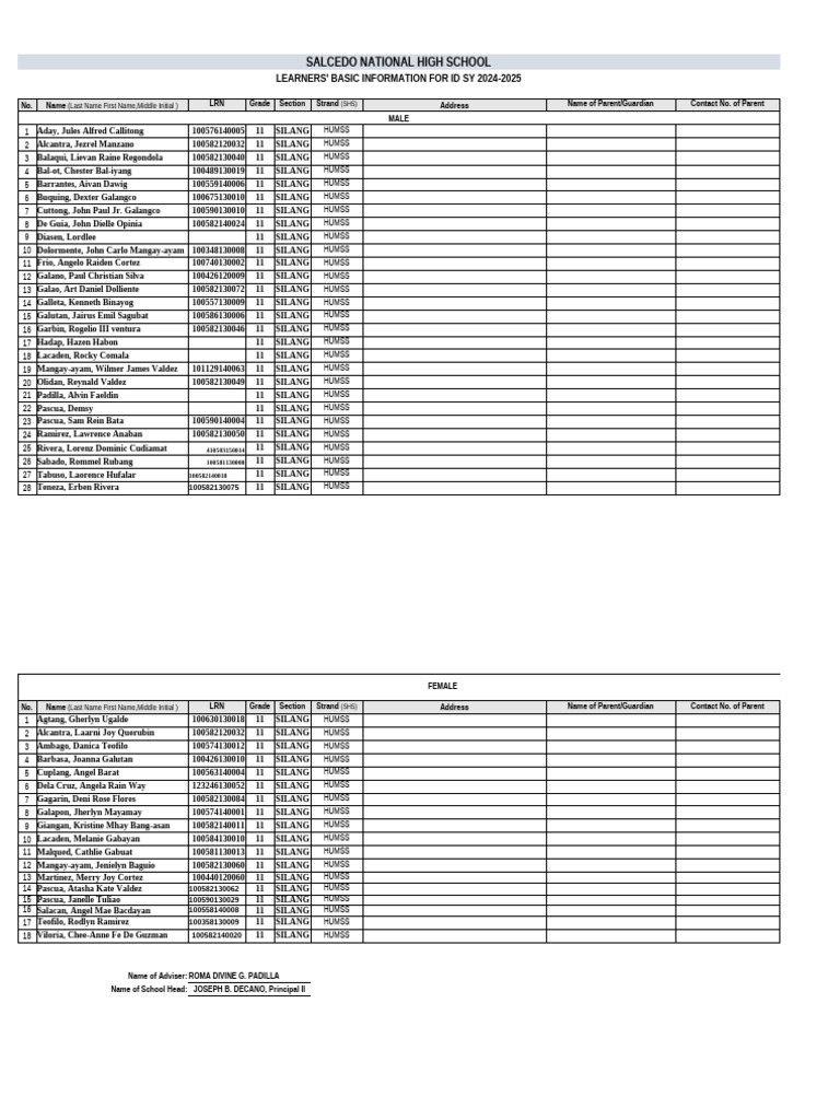 Salcedo High School Learners' Info 2024-2025 | PDF