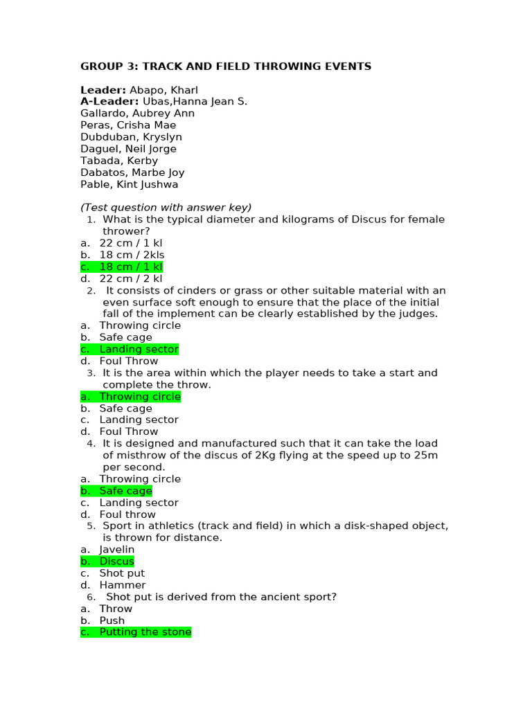 Track and Field Throwing Events Quiz | PDF | Track And Field | Athletic ...
