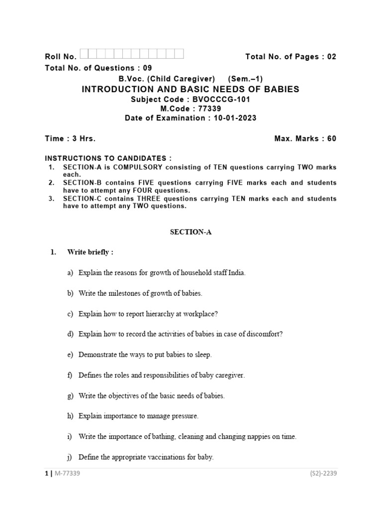Bvoc 1 sem cc introduction and basic needs of babies 77339 jan 2023 pdf