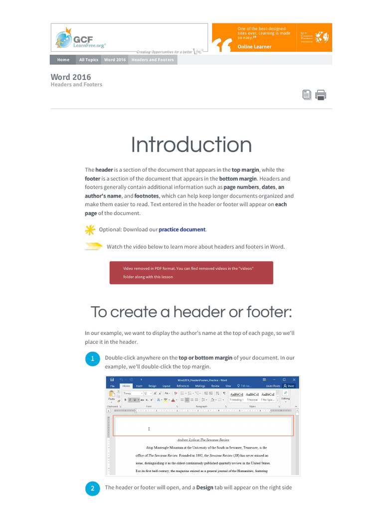 Word 2016: Using Headers and Footers | PDF | Computing | Software