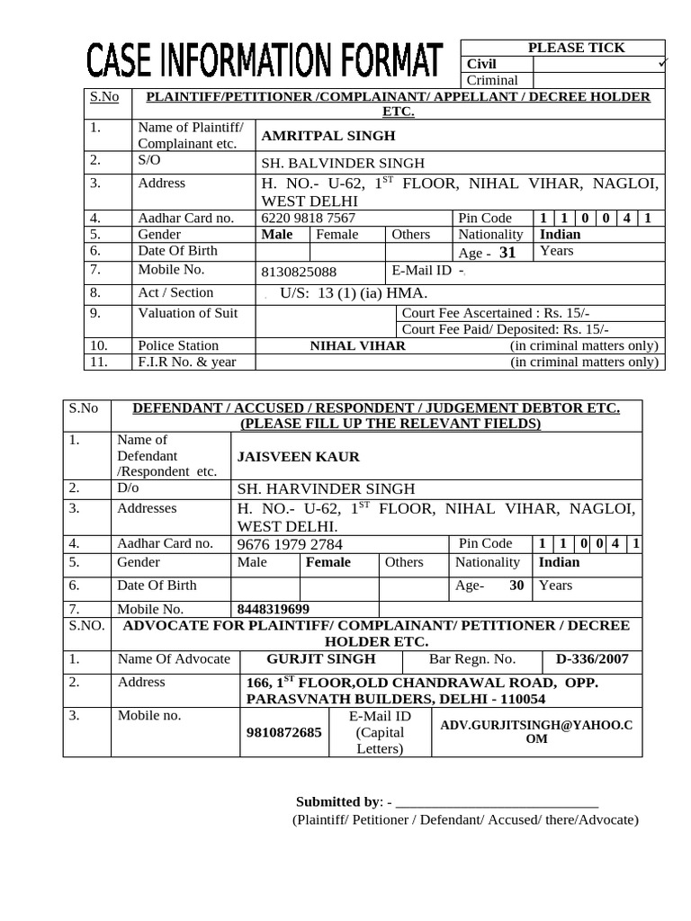 Case information format pdf plaintiff defendant
