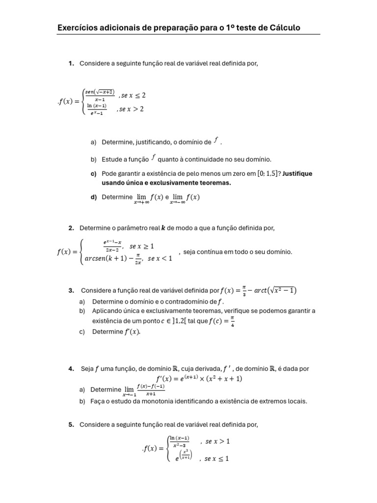 Exercícios de Cálculo para Teste 1 | PDF | Função (Matemática) | Cálculo