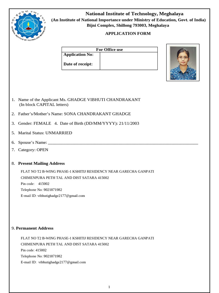 NIT Meghalaya Application Form 2023 | PDF | Student Assessment And ...