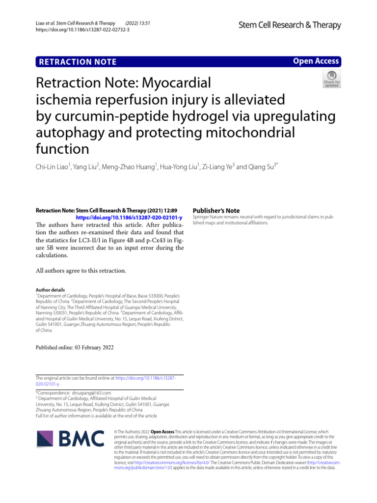 Retraction Note Myocardial Ischemia Reperfusion Injury Is Alleviated by ...