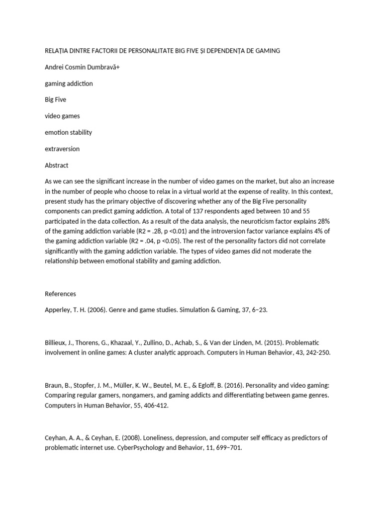 Big Five Personality and Gaming Addiction | PDF | Psychological ...
