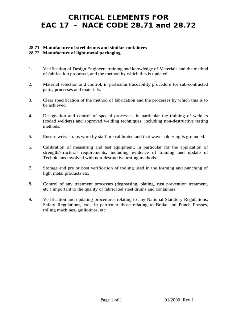 Critical Elements List EAC 17 28.71 & 28.72 | PDF