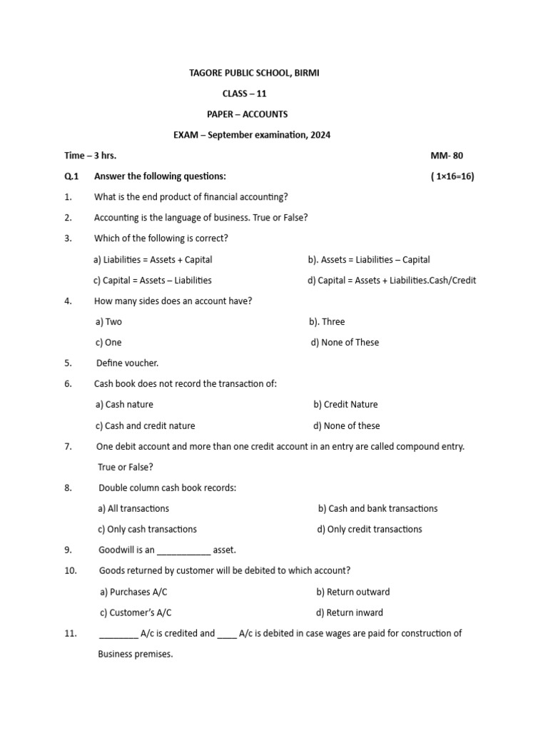 Class 11 Accounts Exam Paper 2024 | PDF | Debits And Credits | Credit