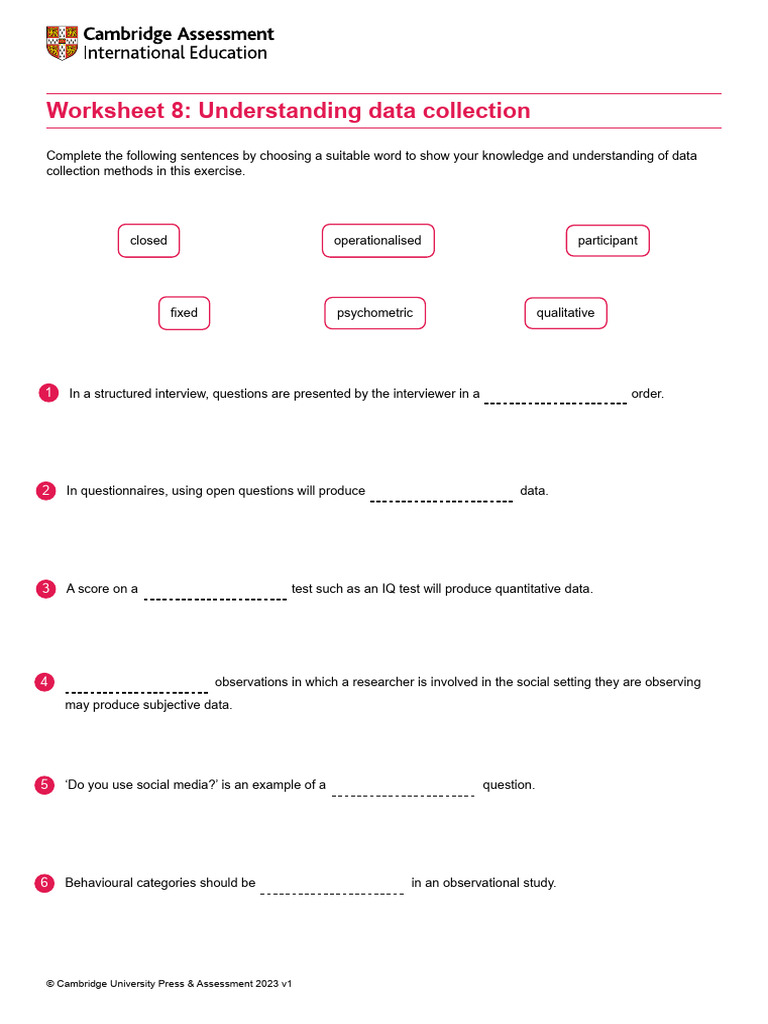 Data Collection Methods Worksheet | PDF